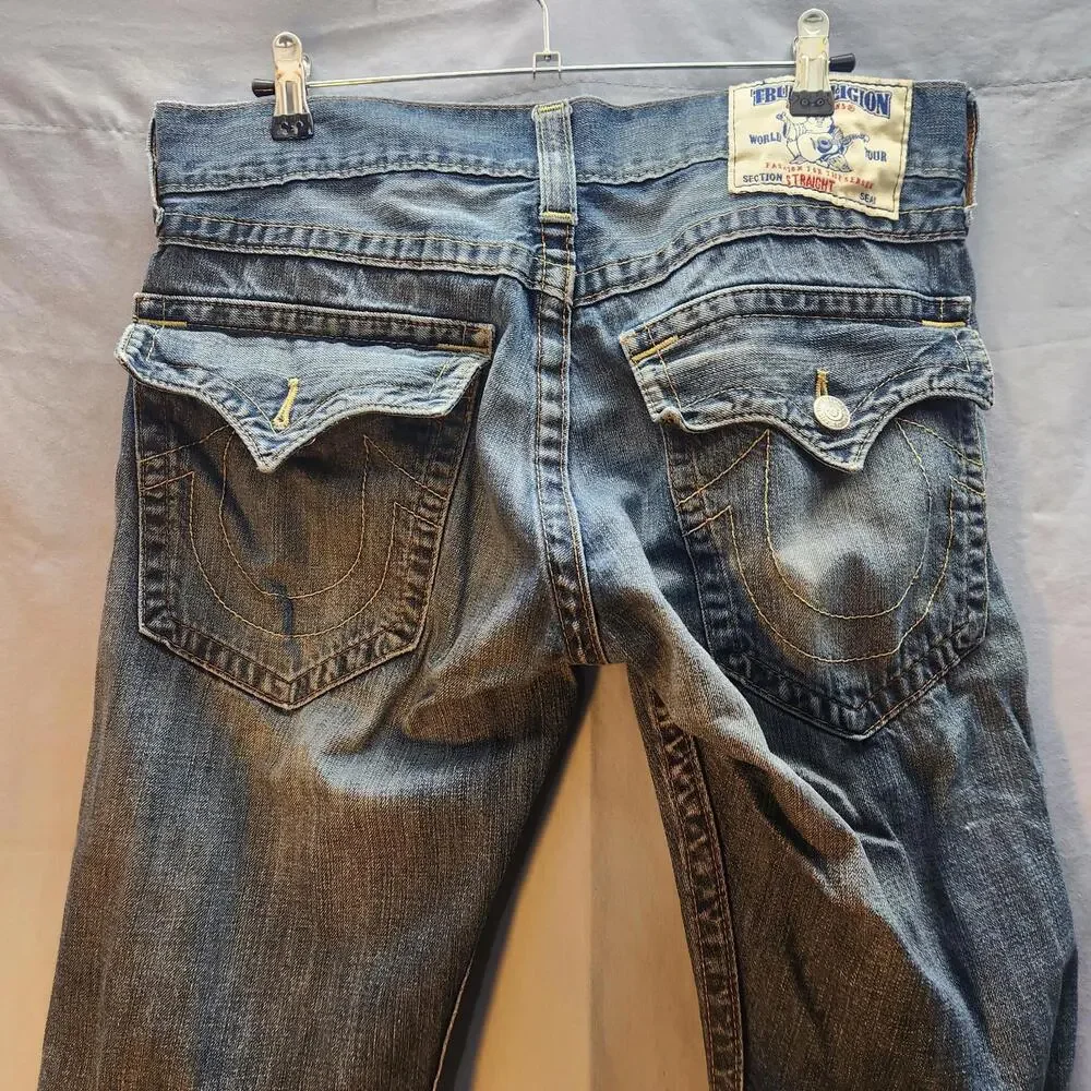 Vintage Y2K‎ True Religion Mens Straight Leg Jeans Sz 34 Distressed Blue Denim